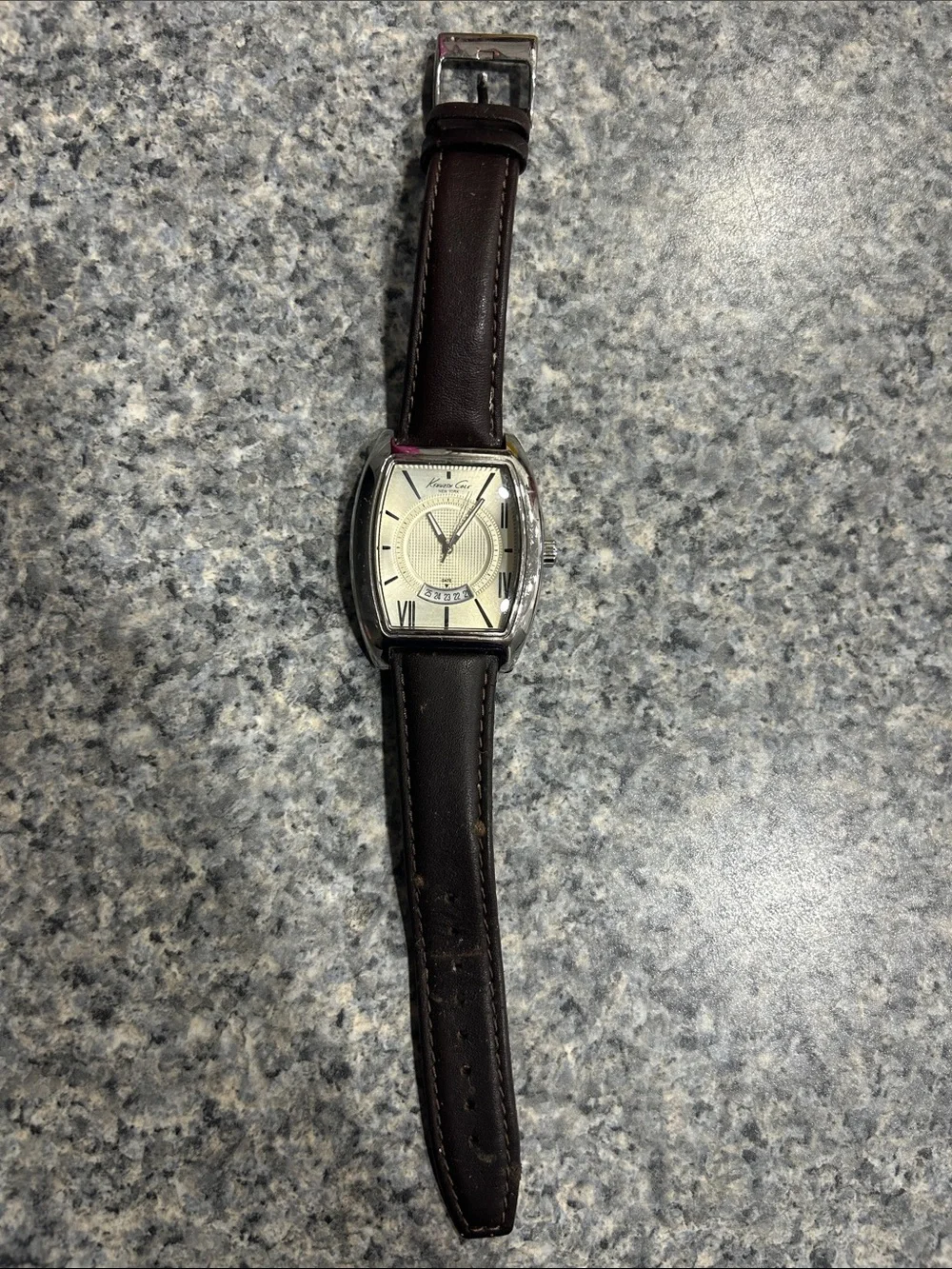 Kenneth Cole Silver-Tone Case Watch with Brown Leather Strap